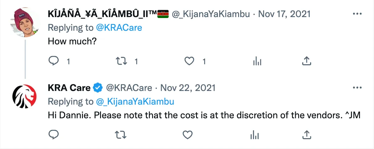 KRA Care replying on Twitter that the cost of the device is at the discretion of the vendors